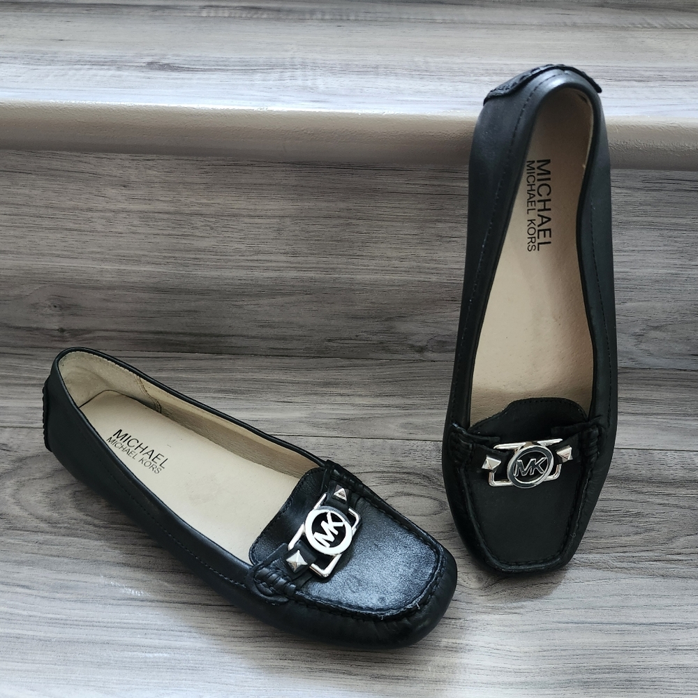 Michael Kors Black Leather MK Logo Charm Loafers Flats